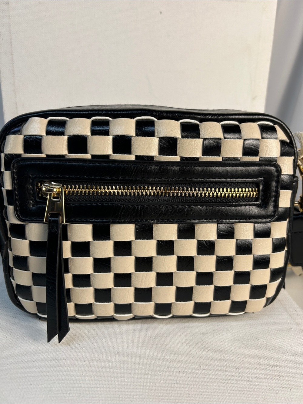 Universal Thread Black and Cream Checkerboard Woven Crossbody Bag